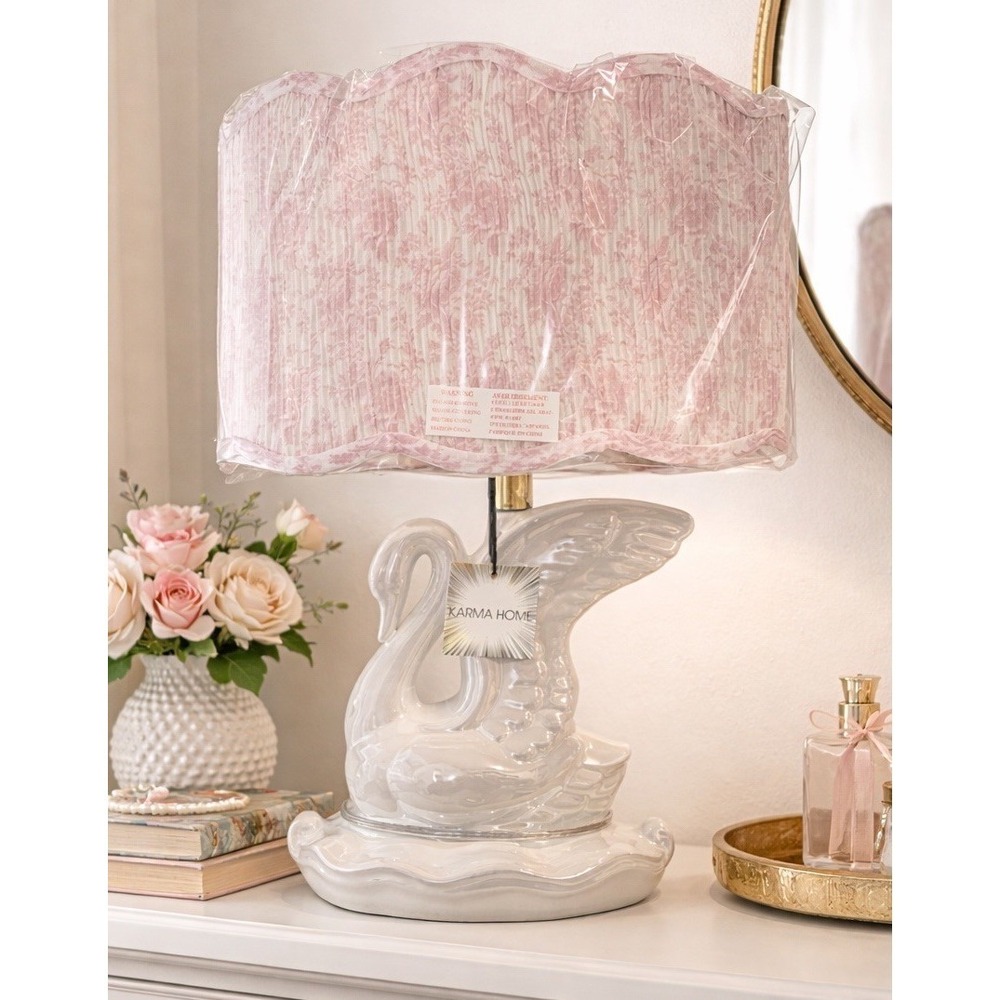 Karma Home Ceramic Swan Lamp Scalloped Pink Toile Shade | Shabby Chic NWT VIRAL